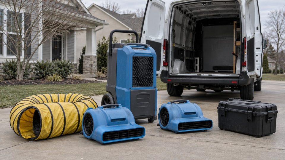 Remediation equipment staged outside a Montgomery County home