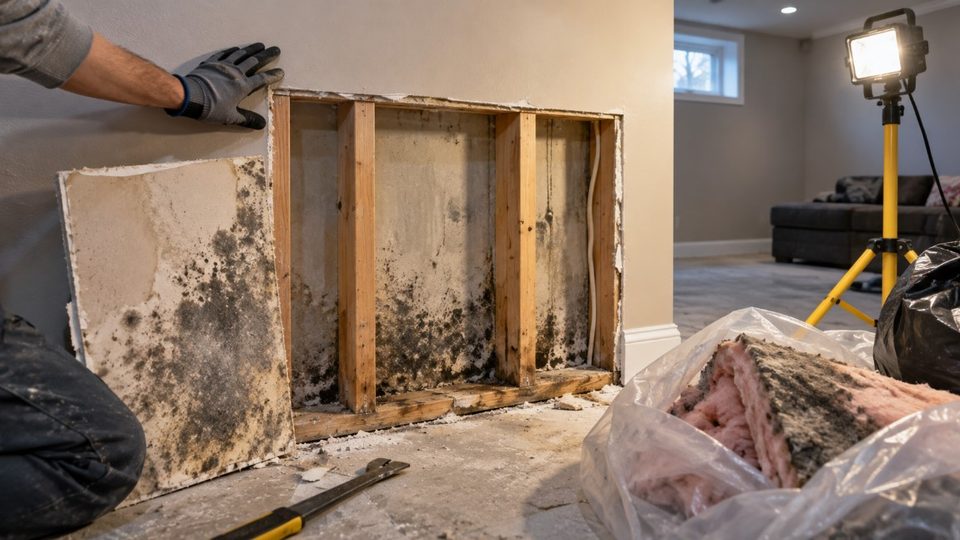 Mold removal from a finished basement wall in King of Prussia