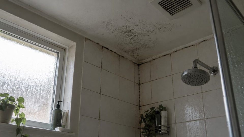 Mold along the grout and ceiling of a bathroom in a Pennsylvania home