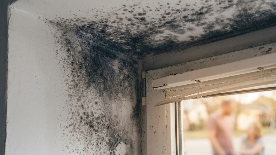 Black mold growth on a water-damaged wall requiring professional containment
