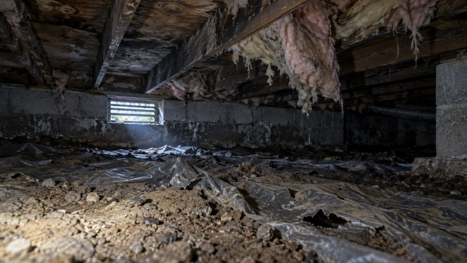 Vented crawl space with damp floor framing in a Montgomery County home