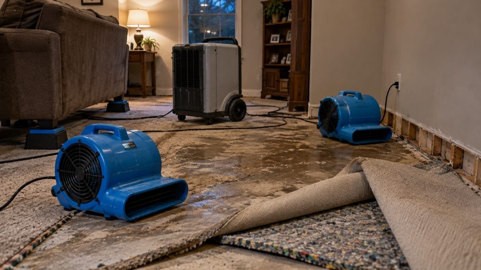 Emergency drying equipment set up after water damage in a home