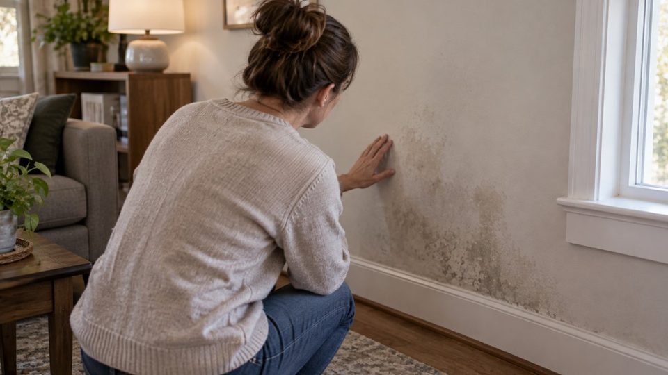 A homeowner looking at damp staining on an interior wall