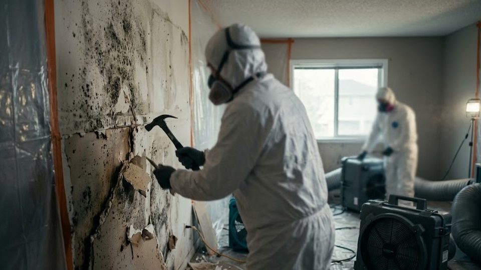 Mold behind the drywall of a finished basement in Montgomery County, PA