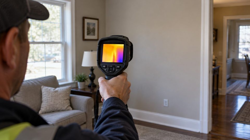 Thermal imaging used to find a hidden moisture source in a wall