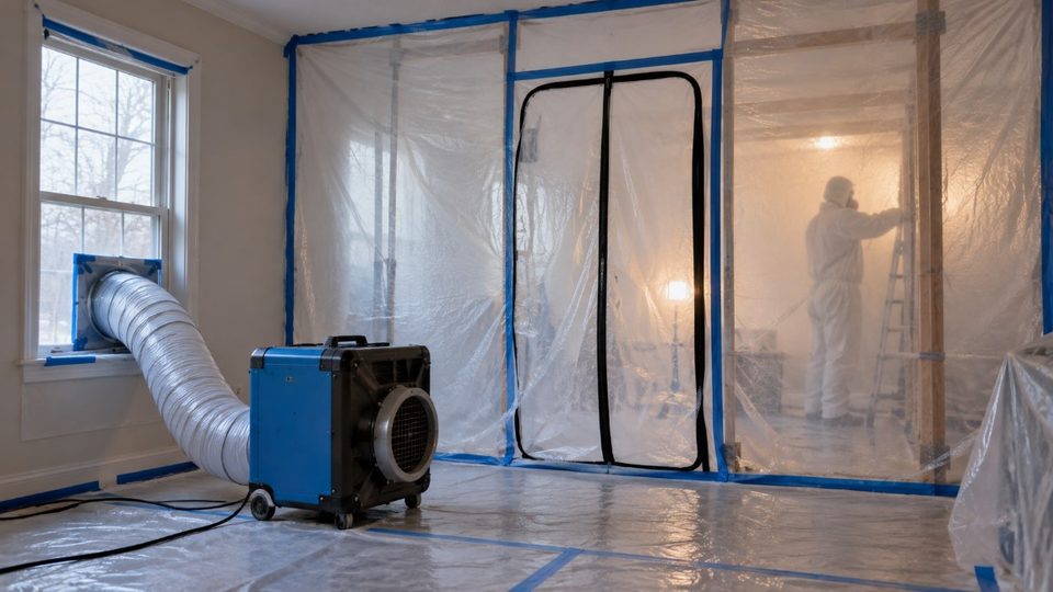 Plastic containment and a negative air machine set up for mold remediation
