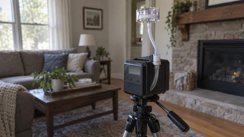 Air sampling cassette on a pump during mold testing in a Pennsylvania home