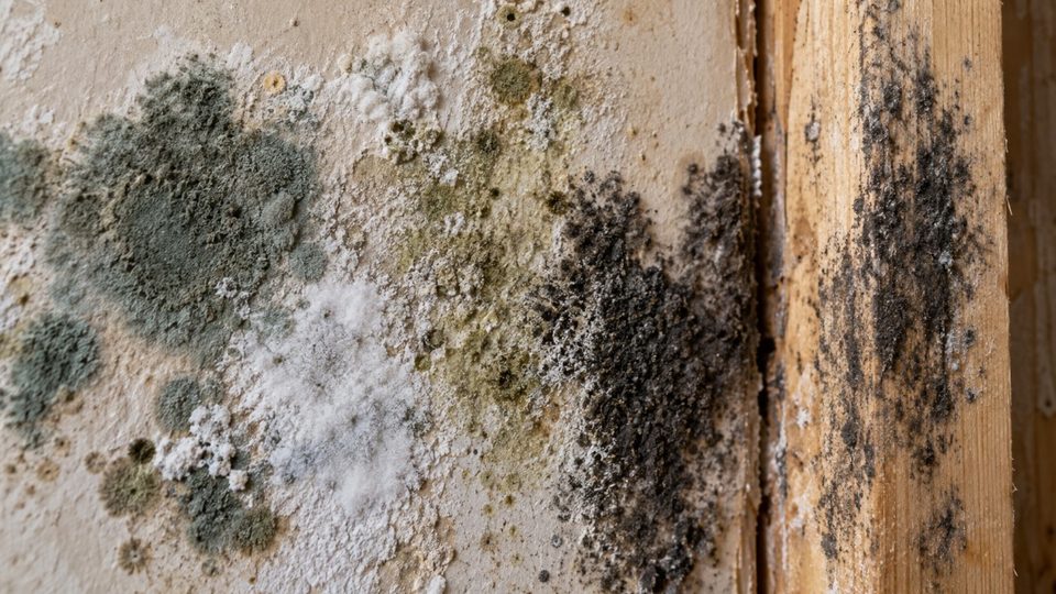 Different colours and textures of mold growth on building materials